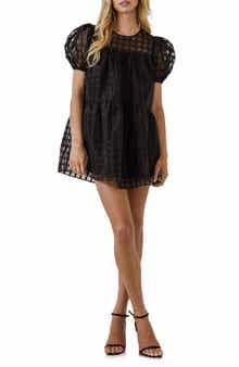 English Factory Gridded Puff Sleeve Dress