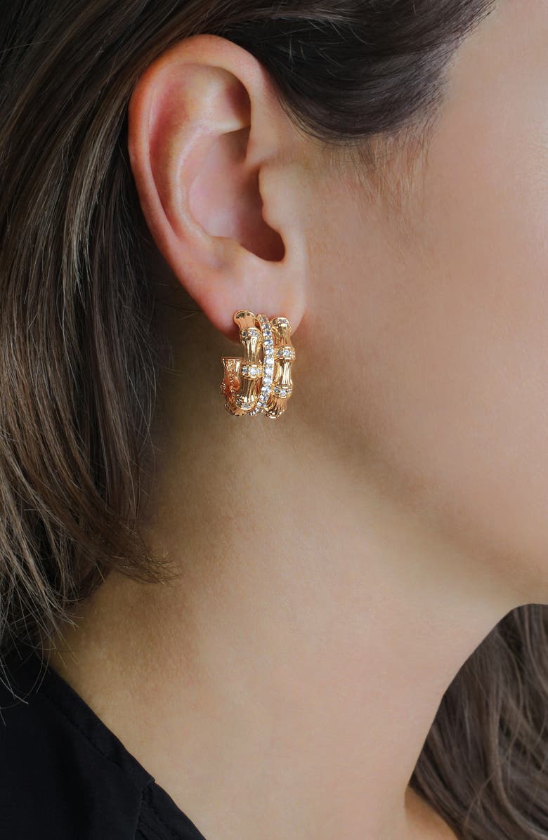 Anabel Aram Jewelry Bamboo Stacked Huggie Hoop Earrings, Alternate, color, 18K Gold/ White Cz Stone