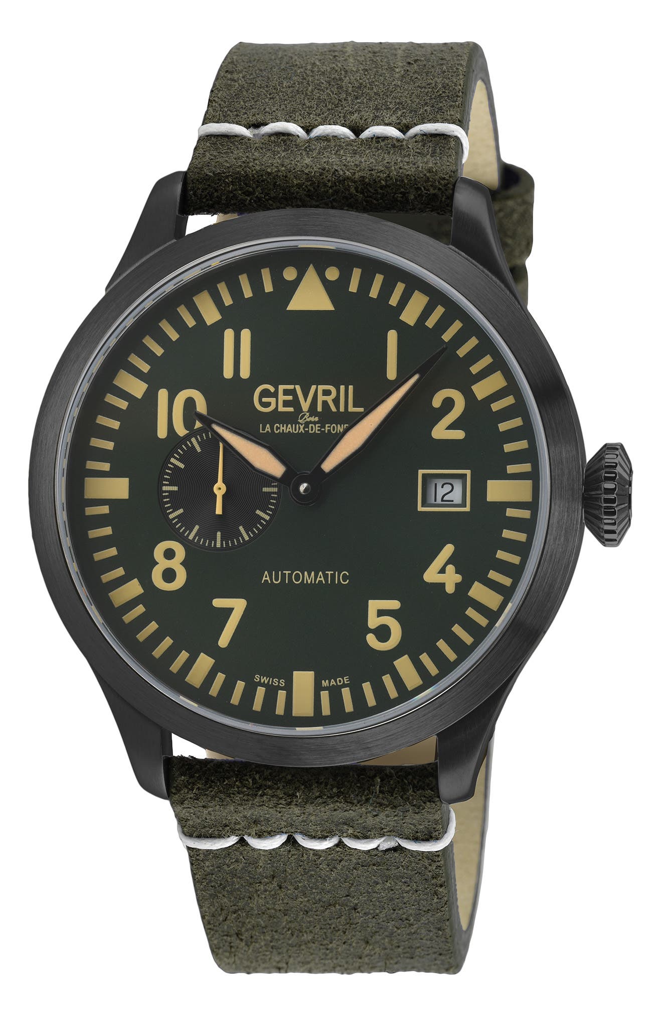 GEVRIL Vaughn Leather Strap Automatic Watch, 44mm