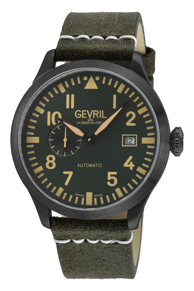 Vaughn Leather Strap Automatic Watch, 44mm, Main, color, GREEN