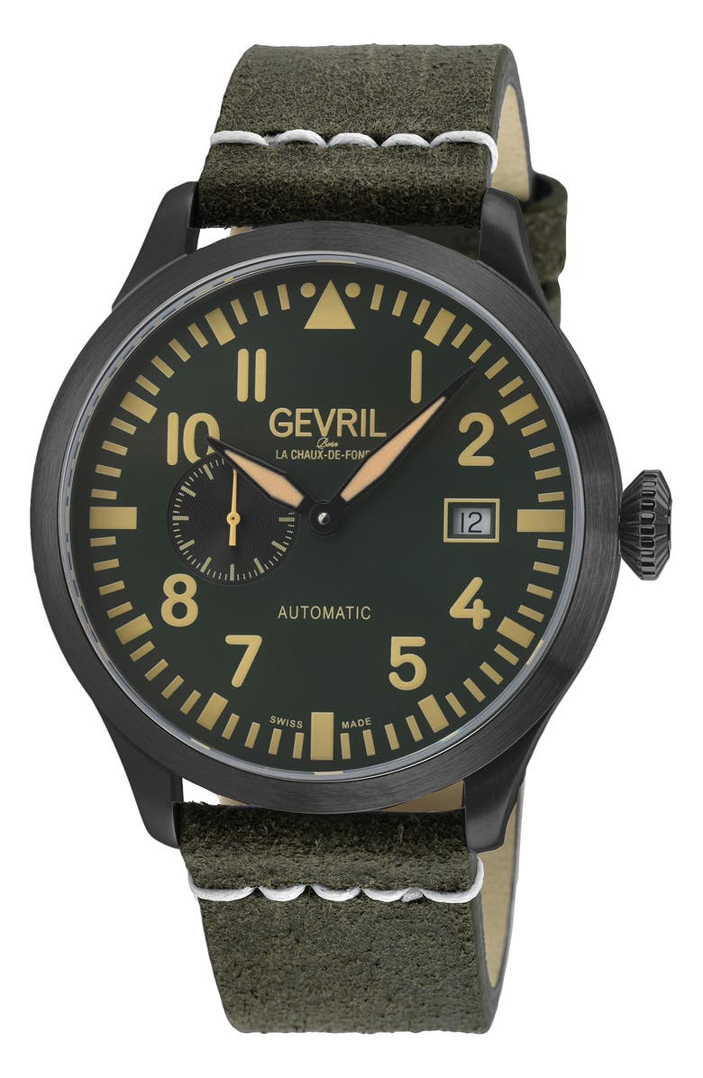 GEVRIL Vaughn Leather Strap Automatic Watch, 44mm, Main, color, Green