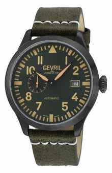 GEVRIL Vaughn Leather Strap Automatic Watch, 44mm