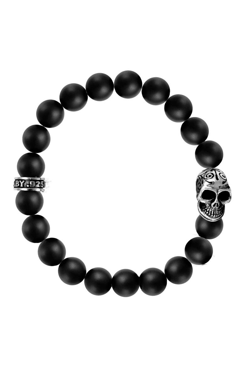 10mm Black Onyx Bead Bracelet with Day of the Dead Skull, Main, color, SILVER/ BLACK