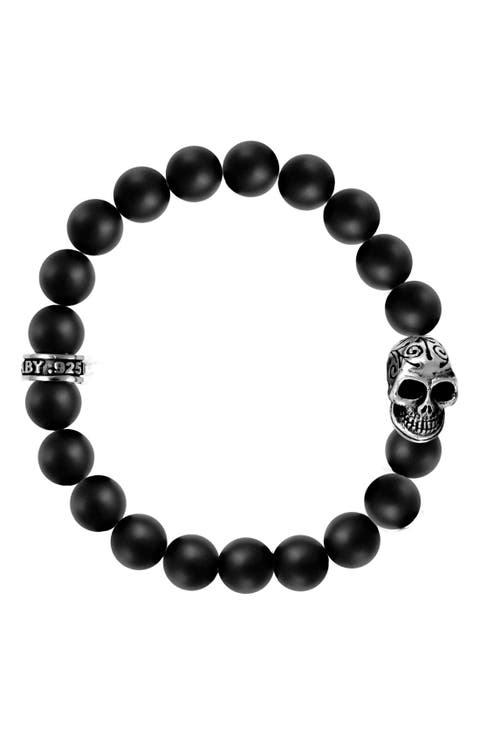 10mm Black Onyx Bead Bracelet with Day of the Dead Skull