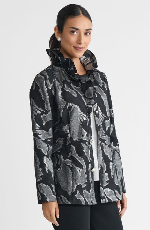 Ming Wang Tailored Shimmer Ruffle Neck Woven Jacquard Jacket In Multi