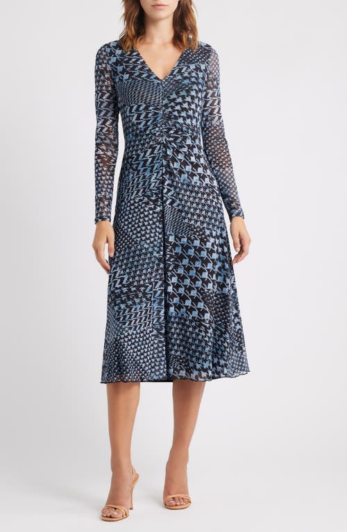 Eliza J Mixed Print Long Sleeve Midi Dress In Blue