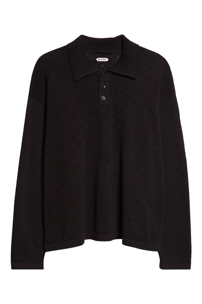 Anisette Floral Pointelle Stitch Cotton Polo Sweater, Alternate, color, BLACK