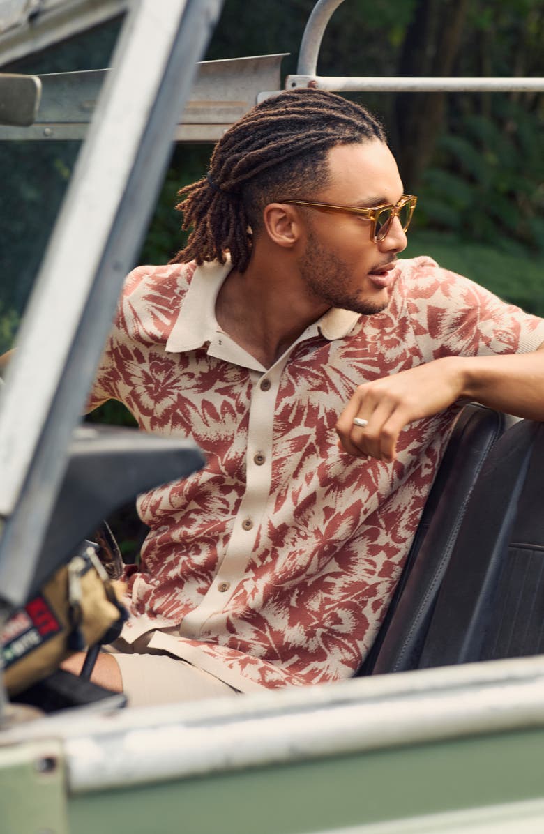 Faherty Short Sleeve Linen & Organic Cotton Knit Button-Up Shirt, Alternate, color, Inland Palm Mosaic