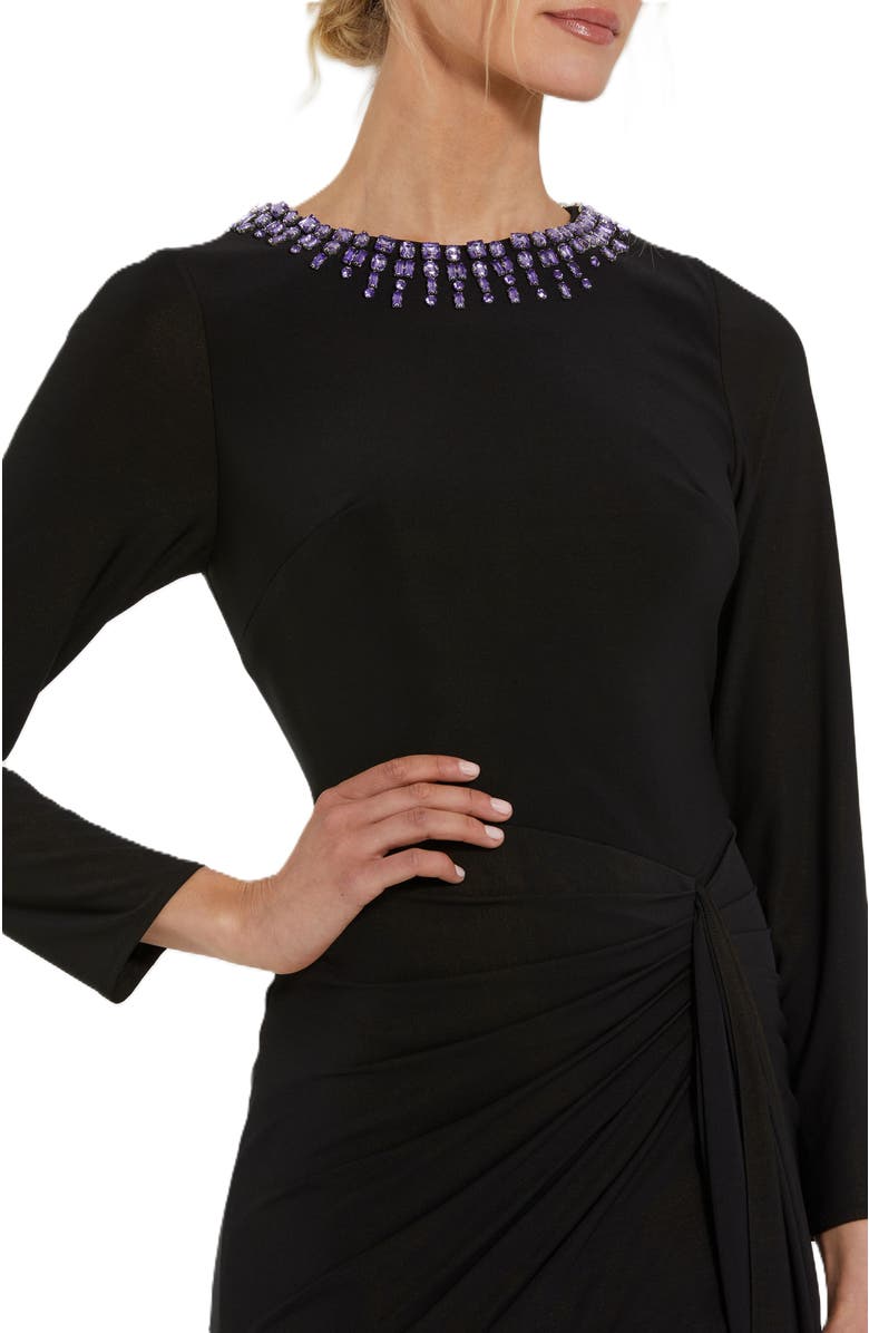 Mac Duggal Long Sleeve Jersey Ruched Gown With Beaded Neck, Alternate, color, Black