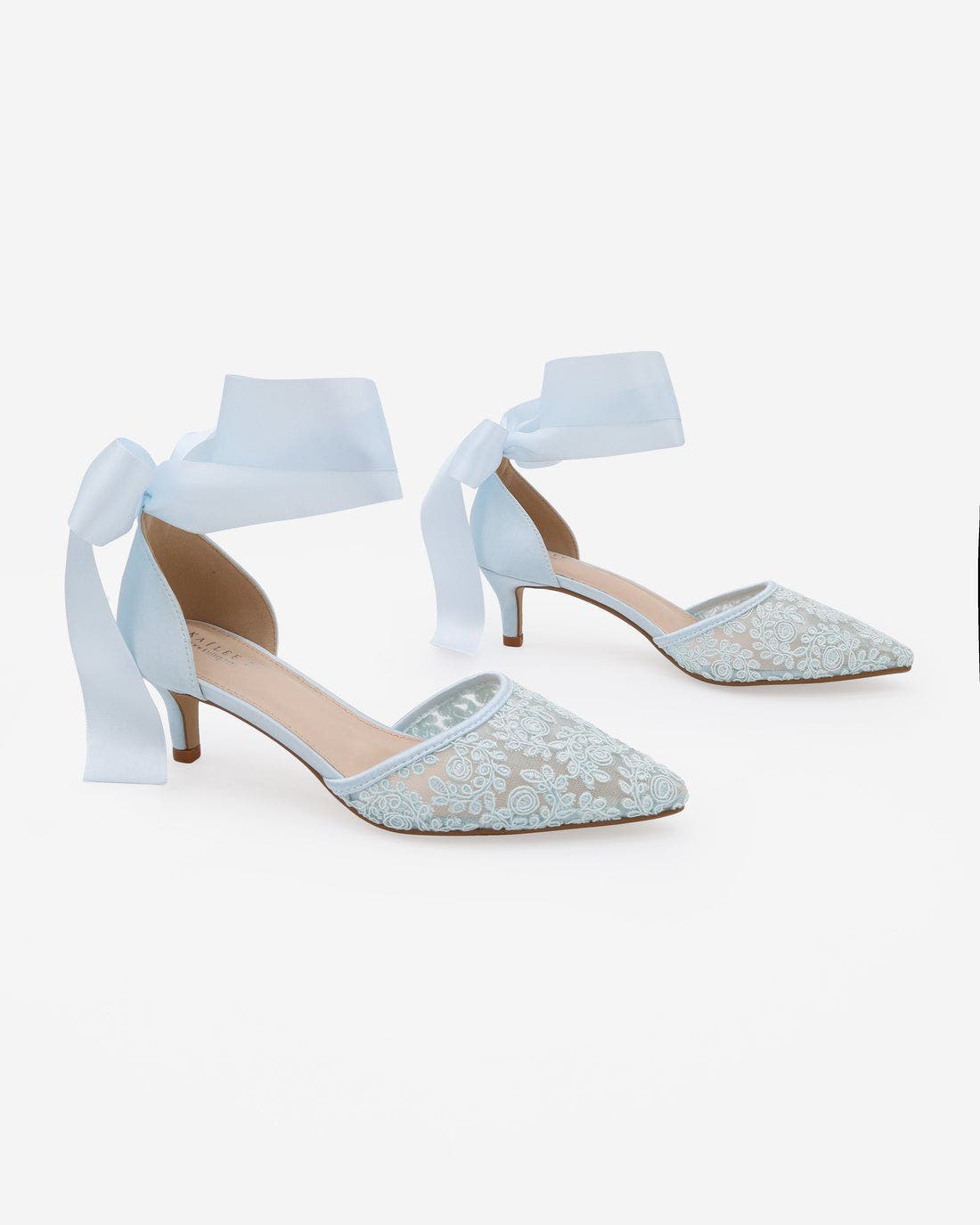 Claudia Crochet Lace Pointy Toe Wedding Kitten Low Heel with Wrapped Satin Ribbon Tie, Alternate, color, Light Blue
