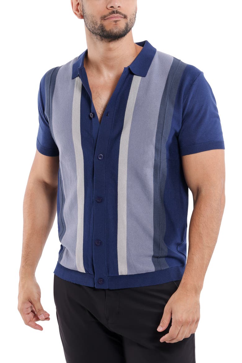 Stripe Short Sleeve Button-Up Polo Sweater, Alternate, color, NAVY/ NAVY