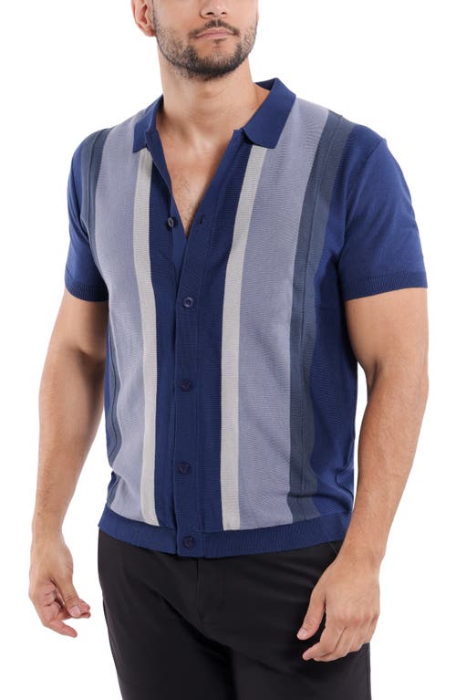 Spring + Mercer Stripe Short Sleeve Button-up Polo Sweater In Navy/navy