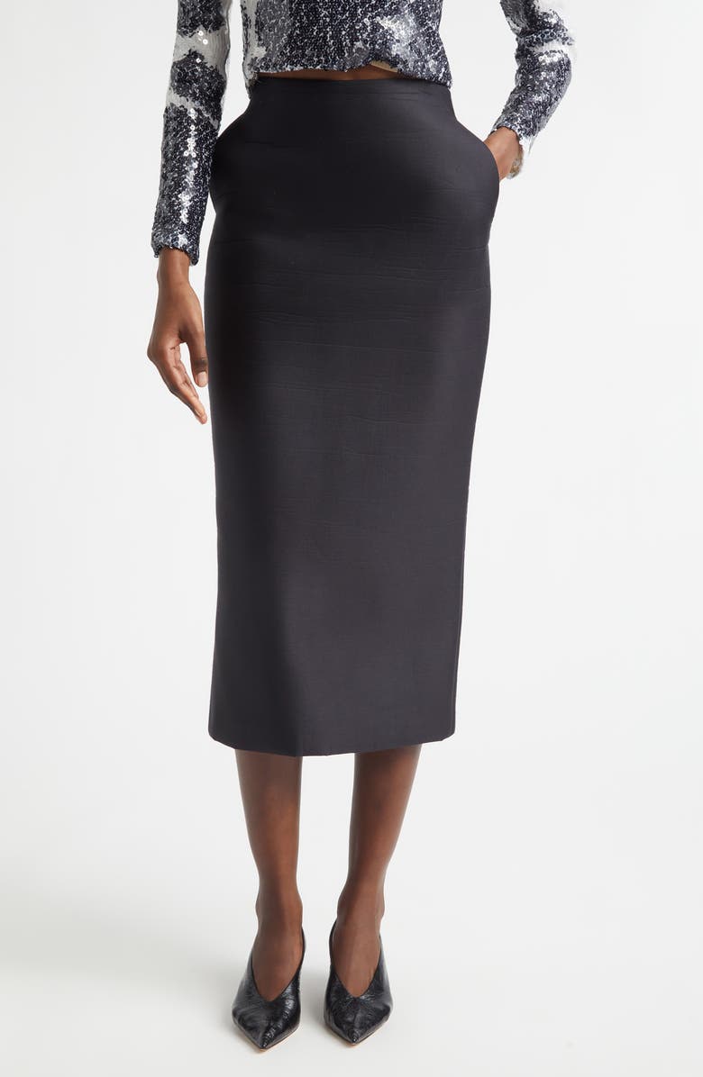 Brandon Maxwell The Mercer Bonded Virgin Wool & Silk Pencil Skirt, Main, color, Black