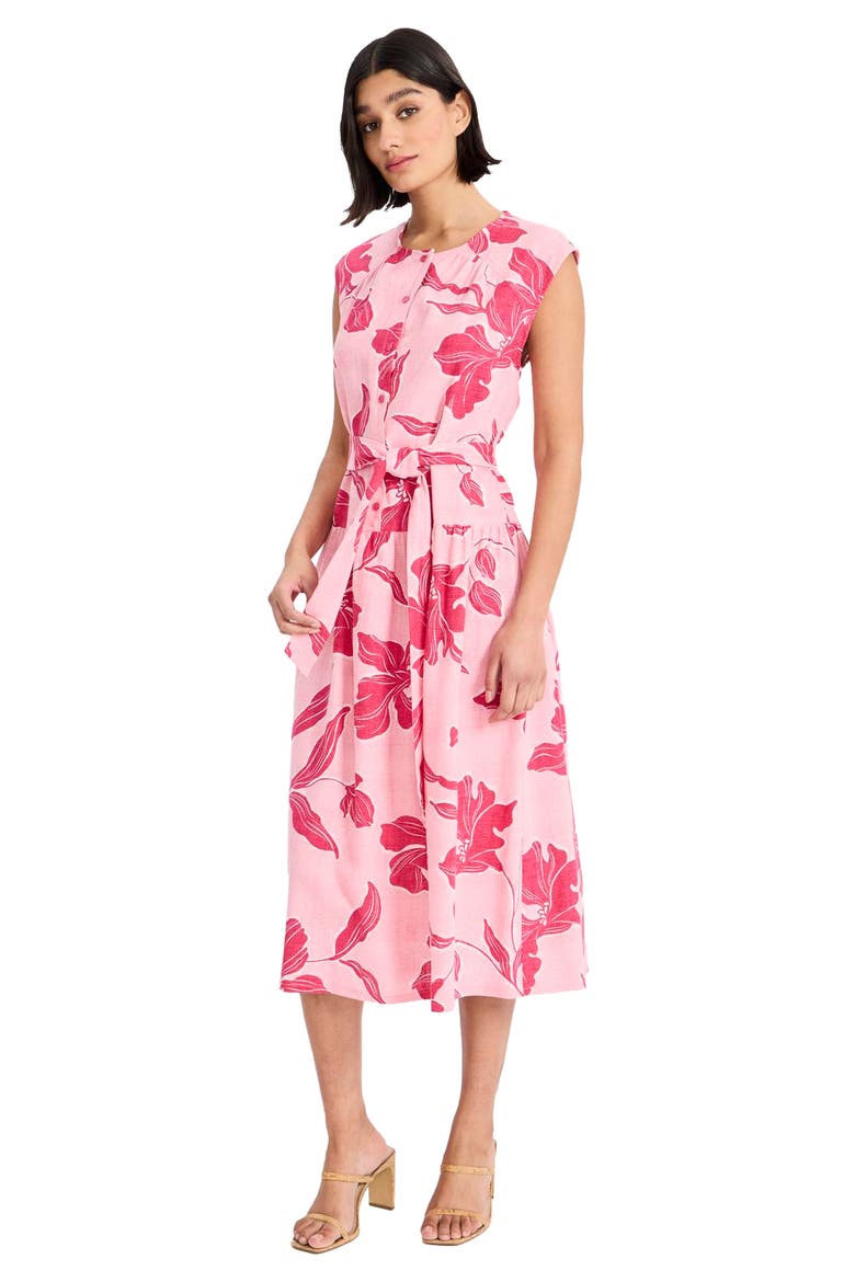 Cap Sleeve Drop Waist Linen Blend Midi Dress, Alternate, color, POWDER PINK/ BRIGHT PINK