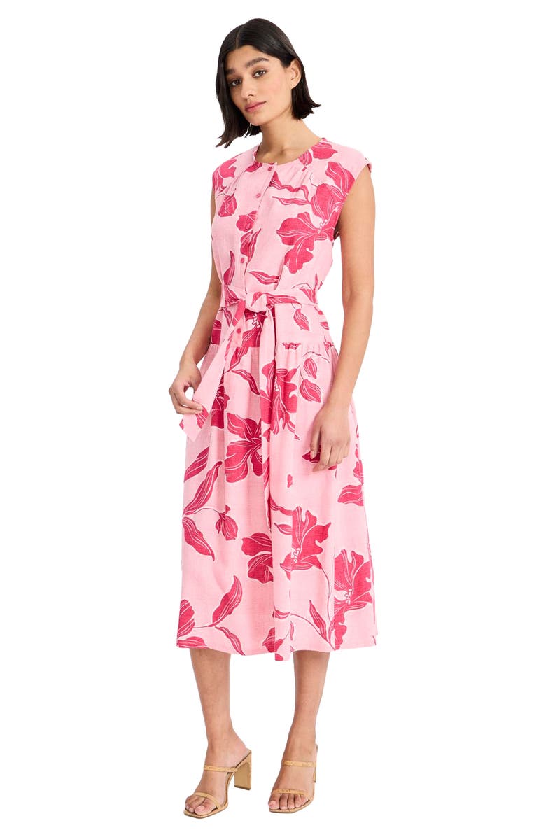 Maggy London Cap Sleeve Drop Waist Linen Blend Midi Dress, Alternate, color, Powder Pink/ Bright Pink