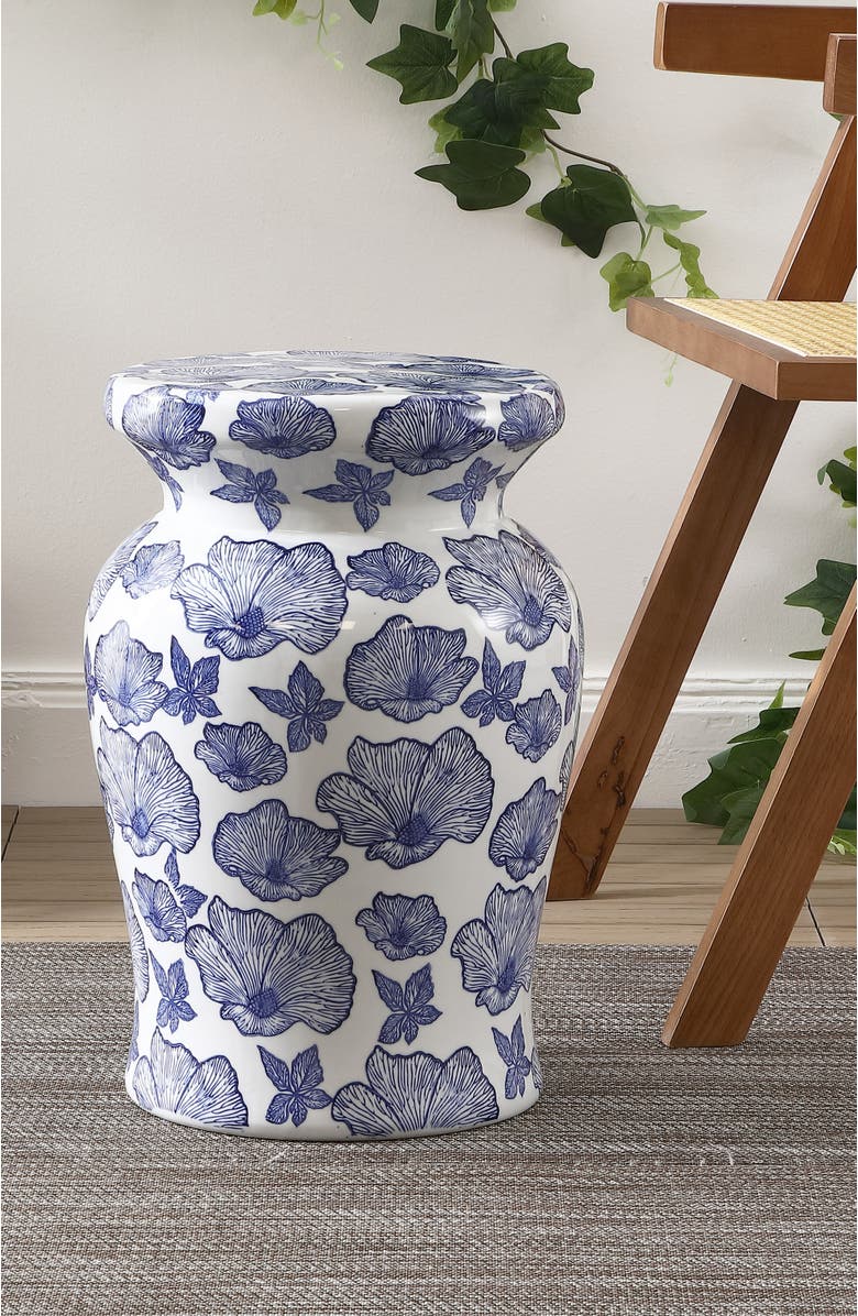 JONATHAN Y Poppies 17.7" Ceramic Garden Stool, Alternate, color, White/Blue