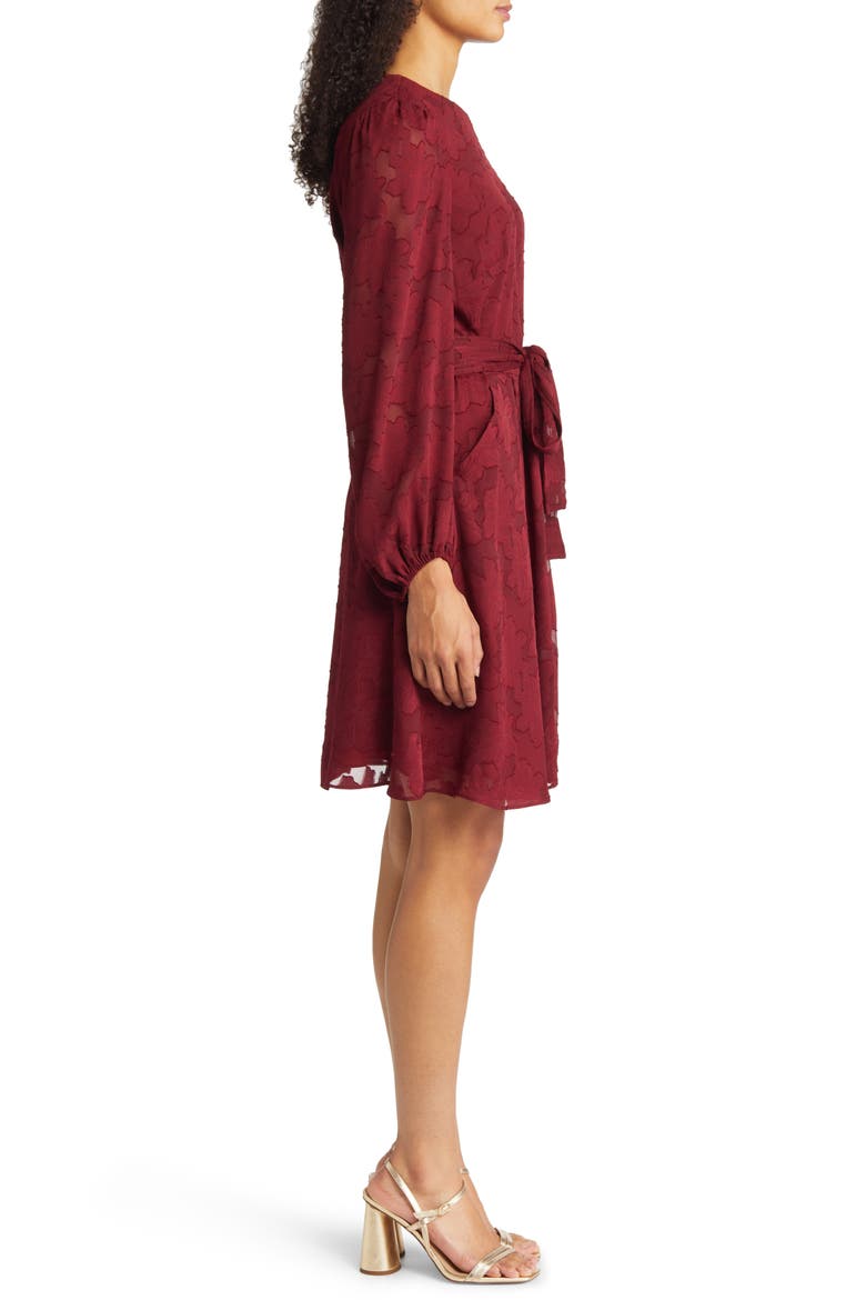 Floral Burnout Long Sleeve Fit & Flare Dress, Alternate, color, WINE
