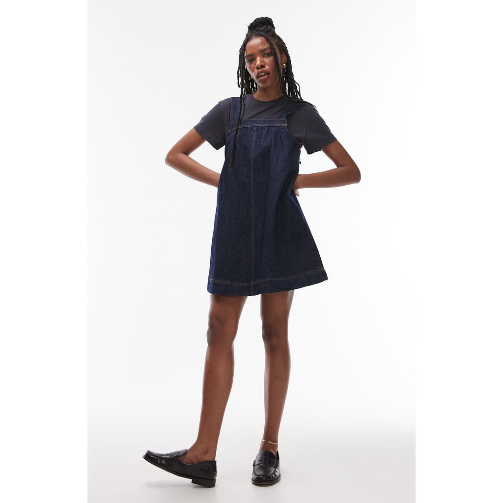 Topshop Denim Pinafore Minidress In Indigo