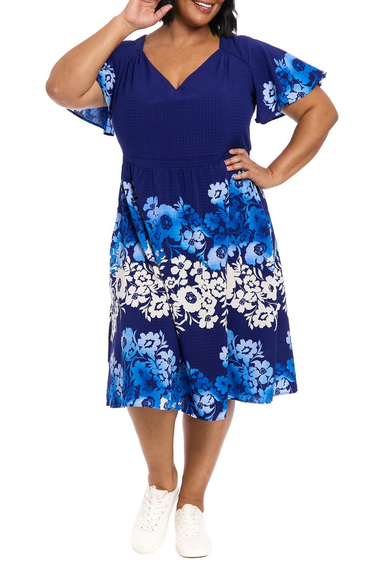 Floral Flutter Sleeve Fit & Flare Dress, Main, color, NAVY/ COBALT