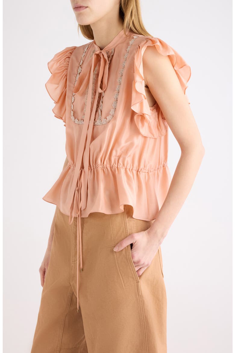 Washed Silk Habotai Peplum Top with Lace Trim, Main, color, BLUSHY PINK