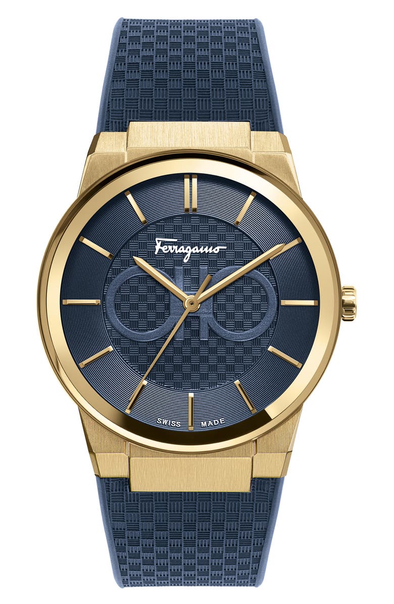 FERRAGAMO Sapphire Rubber Strap Watch, 41mm, Main, color, Blue/ Gold