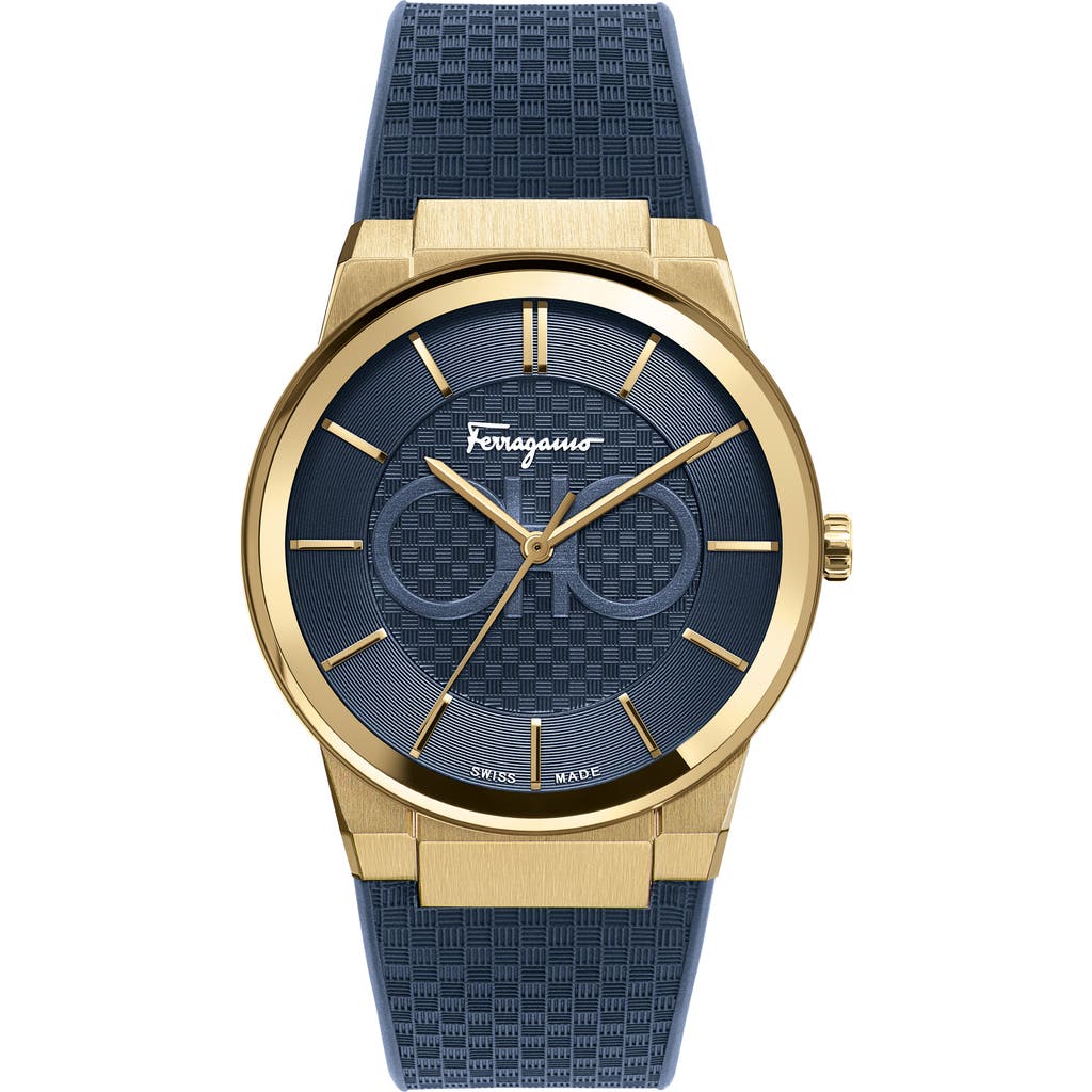 Ferragamo Sapphire Rubber Strap Watch, 41mm In Blue/gold