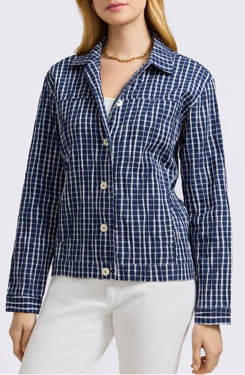 Foxcroft Thelma Crinkle Cotton Blend Gingham Jacket In Navy/white