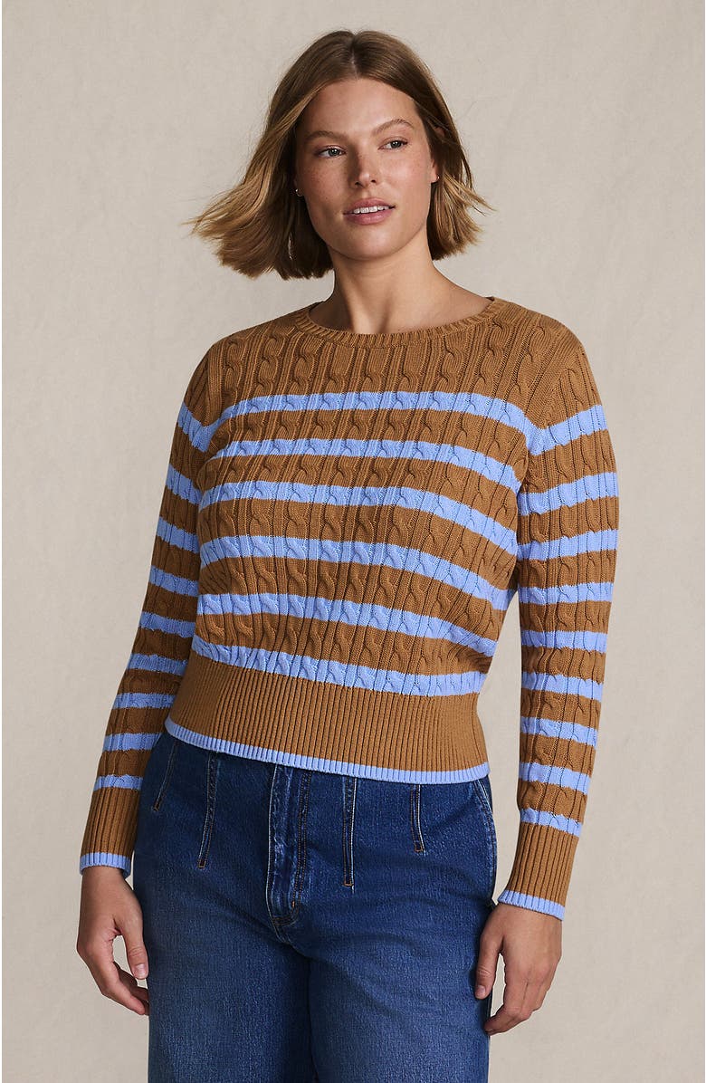 Lands' End Drifter Modern Cable Crew Sweater, Main, color, Canyon Camel/Blue Stripe