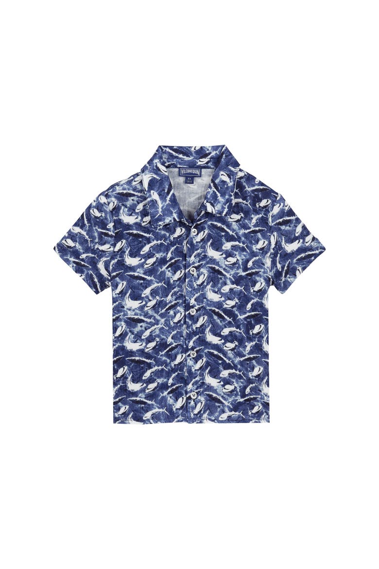 Kids' Cotton Shark Print Shirt, Main, color, BLEU MARINE