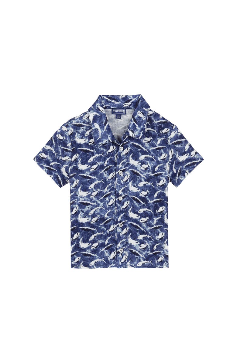Vilebrequin Kids' Cotton Shark Print Shirt, Main, color, Bleu Marine