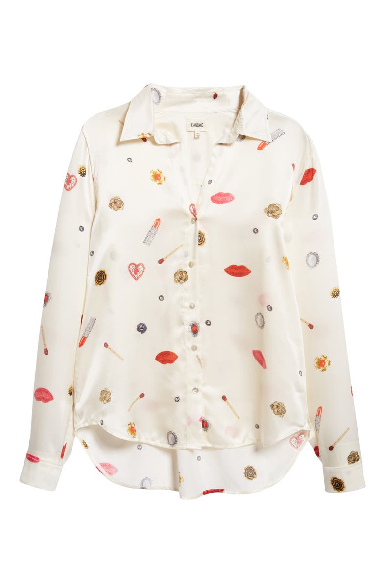 L'AGENCE Tyler Long Sleeve Silk Button-Up Shirt, Alternate, color, Champagne Multi Heart Jewel
