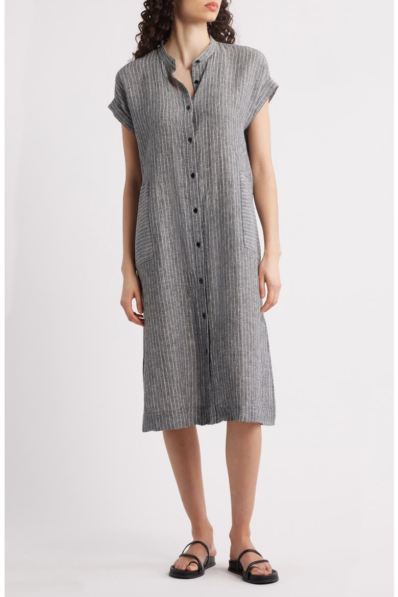 Pinstripe Short Sleeve Organic Linen Shift Dress, Main, color, BLKWH