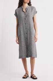 Eileen Fisher Pinstripe Short Sleeve Organic Linen Shift Dress