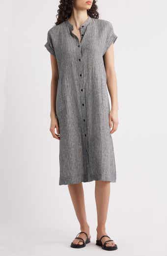 Eileen Fisher Pinstripe Short Sleeve Organic Linen Shift Dress
