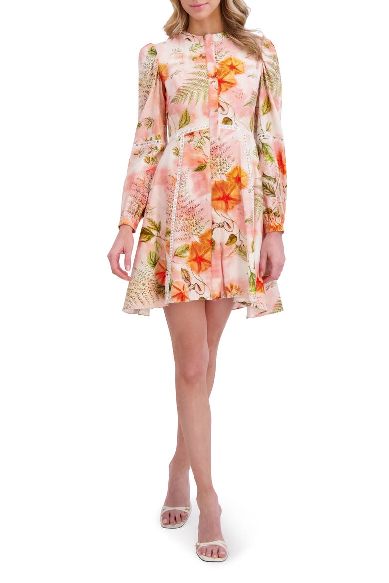 Floral Embroidered Long Sleeve Linen Button-Up Minidress, Main, color, ROSE GAUZE