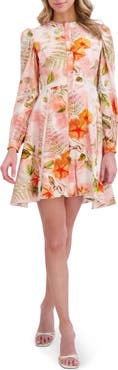 Ted Baker Floral Embroidered Long Sleeve Linen Button-Up Minidress