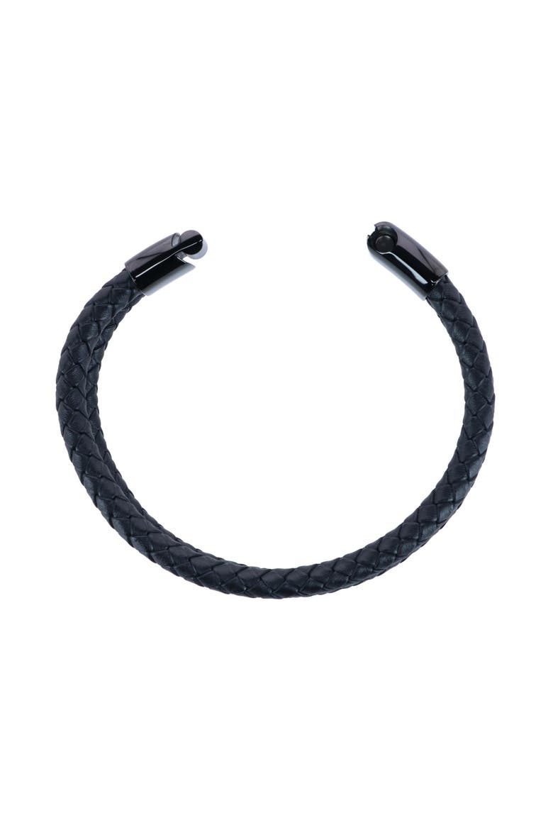 Loose Fit Simple 2 Band Braided Secure Clasp Leather Bracelet, Alternate, color, Black