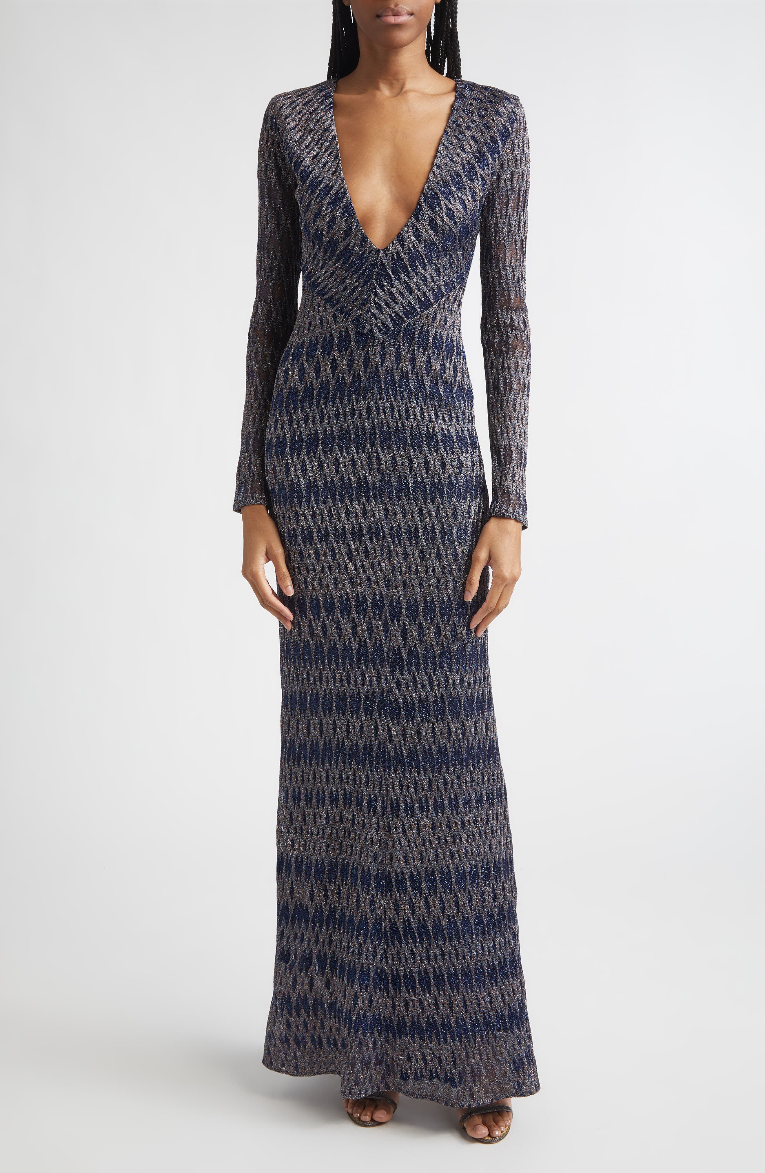 Long Sleeve 3D Diamond Pattern Lame Maxi Dress