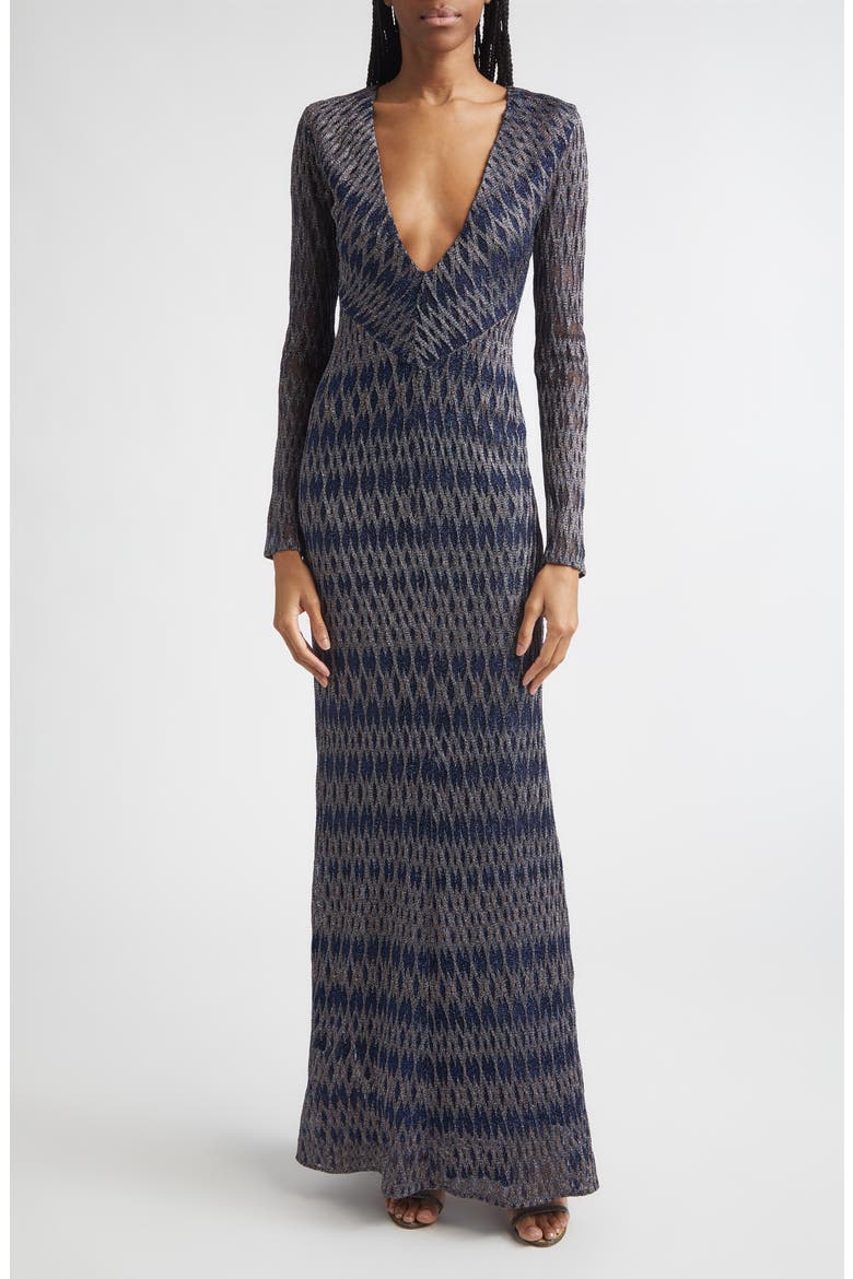 Long Sleeve 3D Diamond Pattern Lamé Maxi Dress, Main, color, BLUE TONES