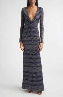 Long Sleeve 3D Diamond Pattern Lamé Maxi Dress
