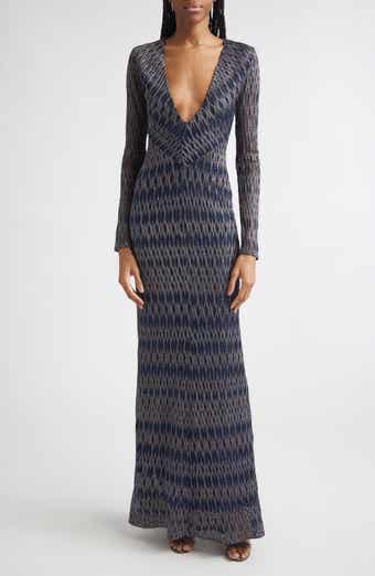 Long Sleeve 3D Diamond Pattern Lamé Maxi Dress