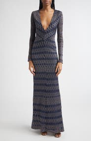 Missoni Long Sleeve 3D Diamond Pattern Lamé Maxi Dress