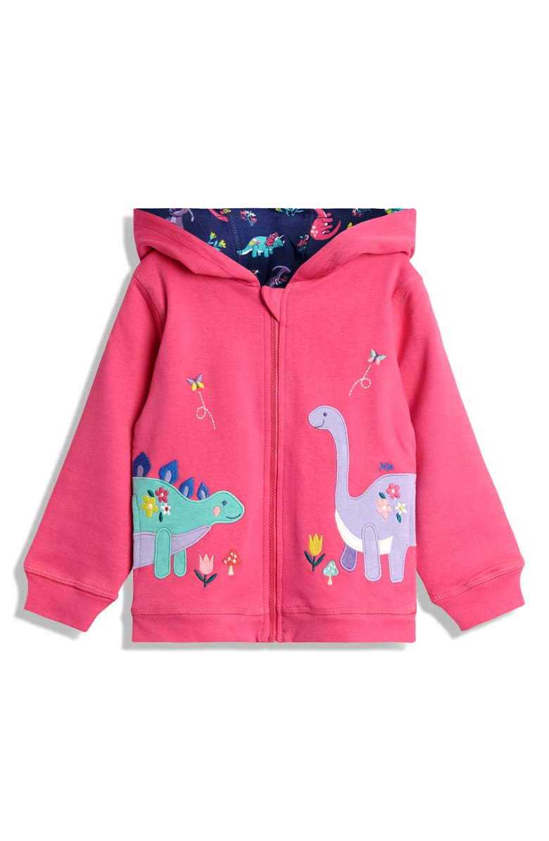 JOJO MAMAN BEBE Kids' Dino Appliqué Reversible Zip-Up Hoodie, Main, color, Fuchsia