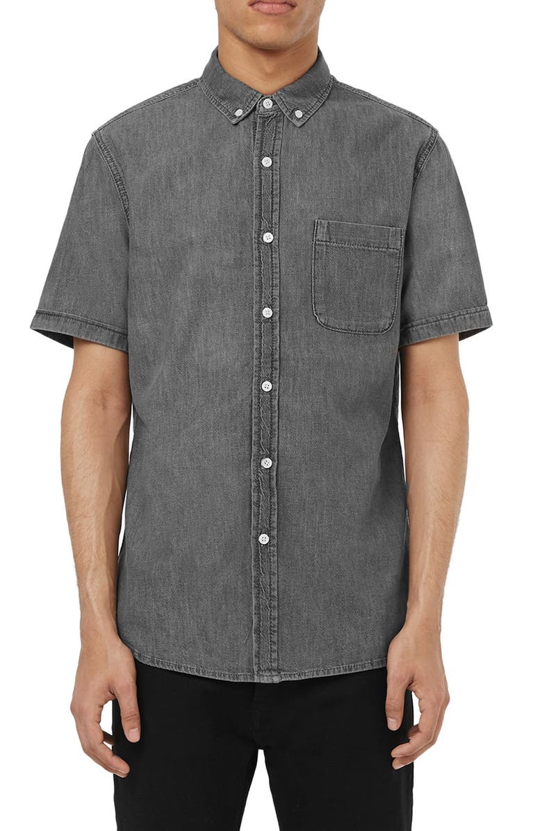 Topman Short Sleeve Denim Woven Shirt, Main, color,