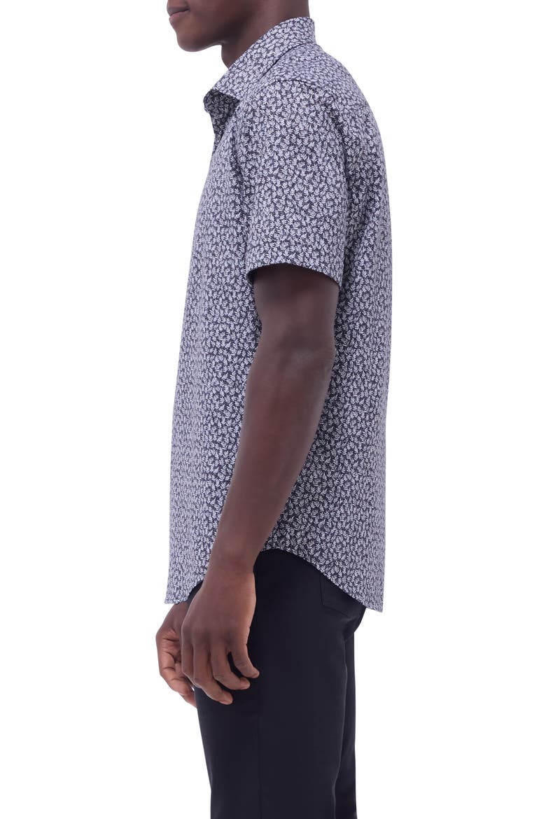 Miles OoohCotton® Leaf Print Short Sleeve Button-Up Shirt, Alternate, color, BLACK