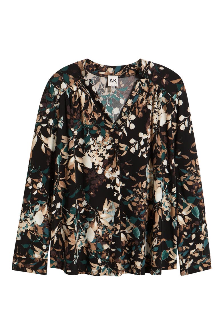 Printed Notched V-Neck Long Sleeve Top, Alternate, color, ANNE BLACK/ TREELINE MULTI