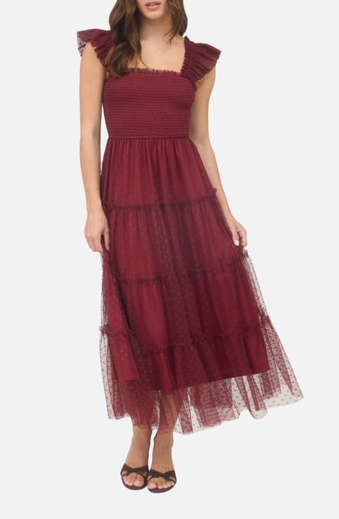 Mesh Smocked Tiered Midi Dress