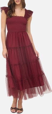 Blu Pepper Mesh Smocked Tiered Midi Dress
