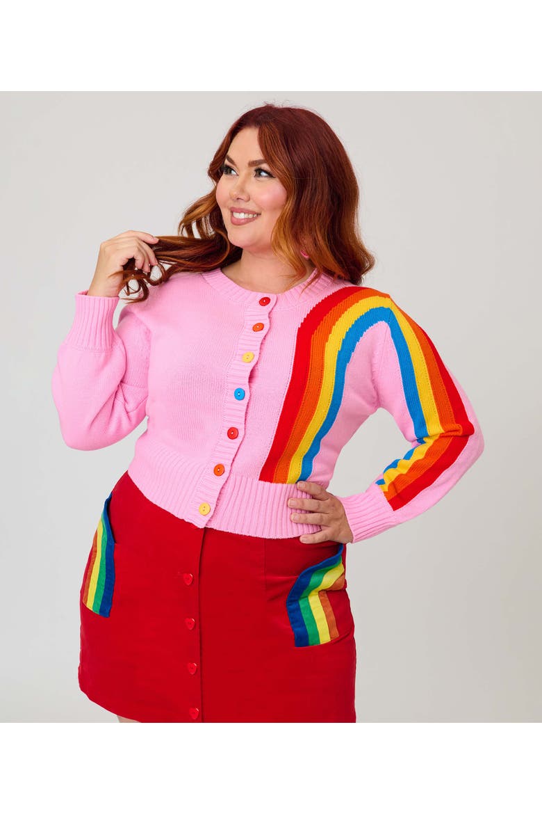 Plus Size 1950s Cropped Cardigan, Main, color, Pink w/ Rainbow Print