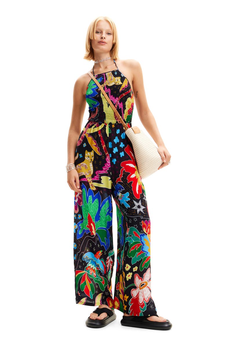 Desigual Jungle Design Halter Neck Jumpsuit, Alternate, color, Black